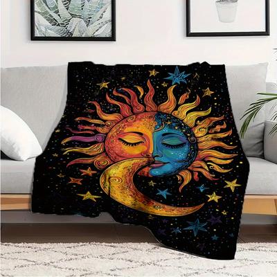 Soft Texture,  Cozy Flannel Blanket with Sun and Moon Design – Soft, Warm Throw for Sofa, Bed, Office, Car – Ideal for