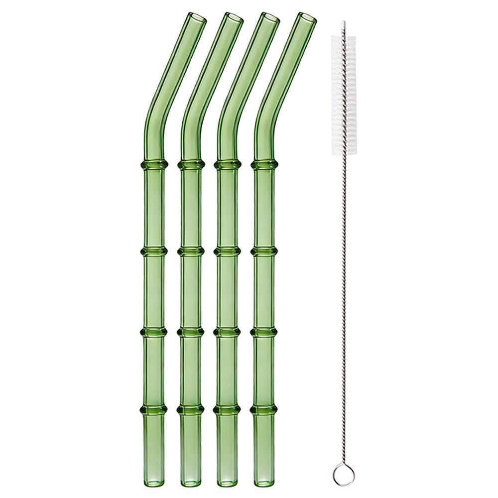 5/10Pcs Reusable Glass Straw with Brush Green Bamboo-shaped Straws Set Suitable for Milkshakes Juices Coffee Bar Accessories
