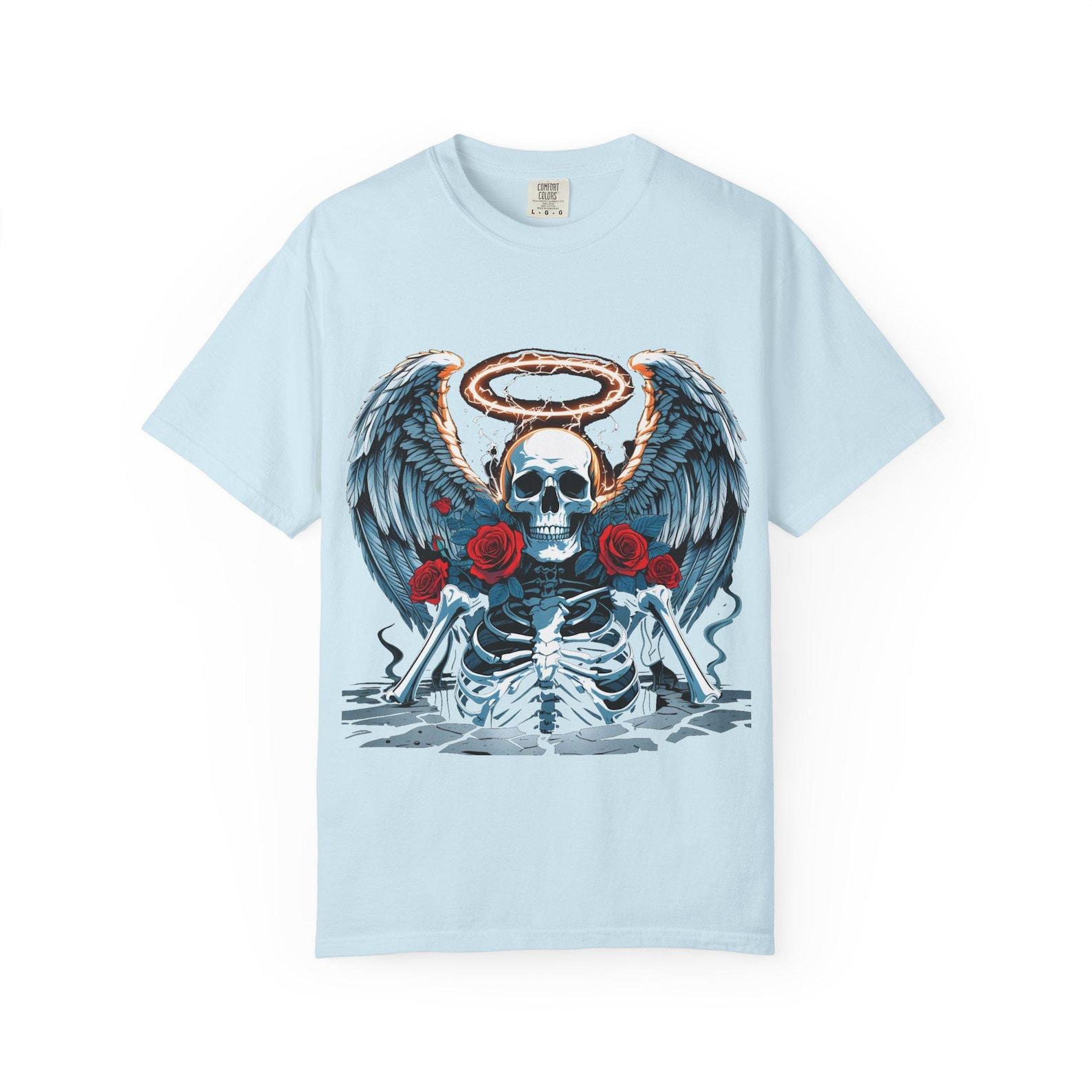 Haloed Skull with Wings and Roses T-Shirt | Gothic Skeleton Design M