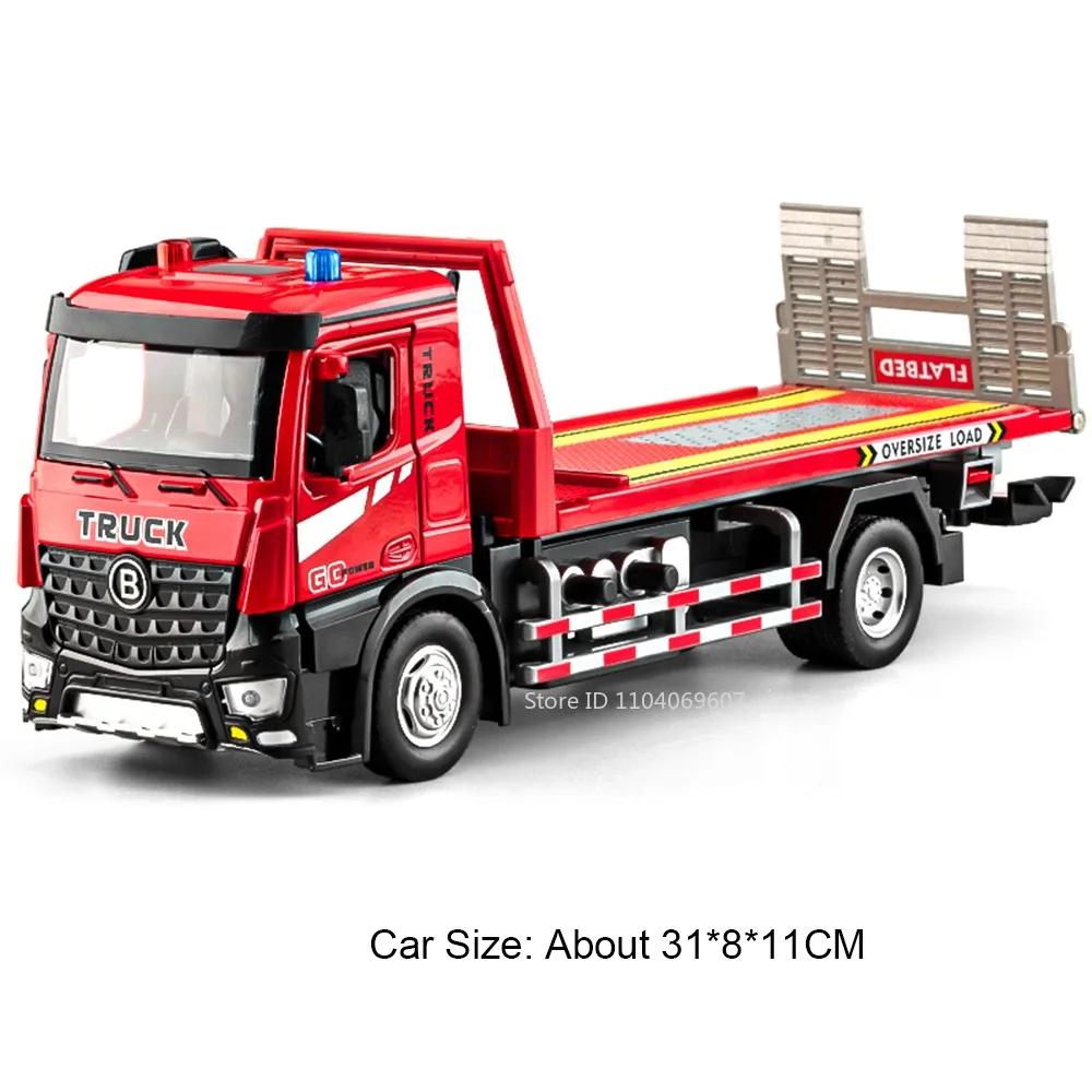 1:24 Electric Flatbed Trailer Model Toys Metal Diecast Road Rescue Engineering Vehicle Doors Opened Sound Light for Boys Gifts