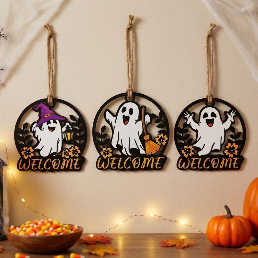 Round Halloween Ghost Door Hanger Cartoon Ghost Hanging Plaque Living Room