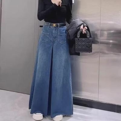 Damen-Retro-Jeans mit hoher Taille und weitem Bein und Schnittkanten, Frühjahrs-/Herbstkollektion 2023, bodenlanges Design im Rockstil.