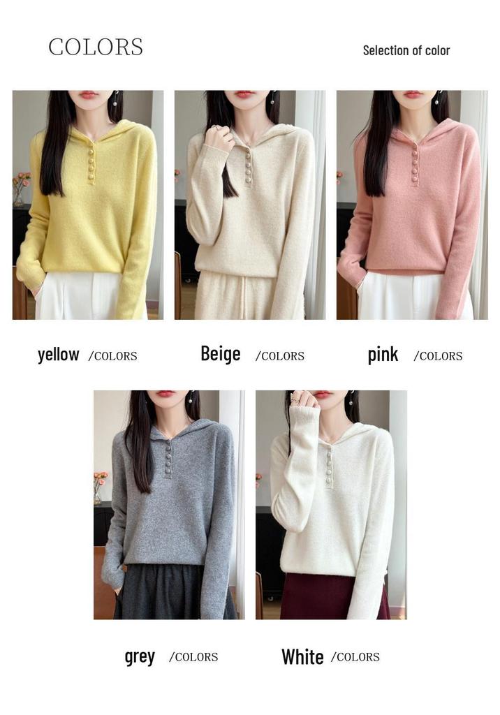 2026 A/W Women's Pure Wool Hooded Knitwear - Long Sleeve, Buckle Closure, Solid Color, Loose Fit Sweater