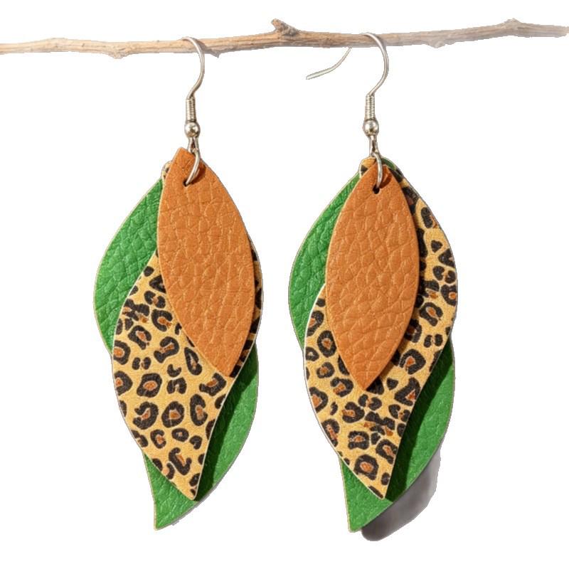 Cross-border Retro Green & Brown Leopard Print Layered Leather Leaf Earrings