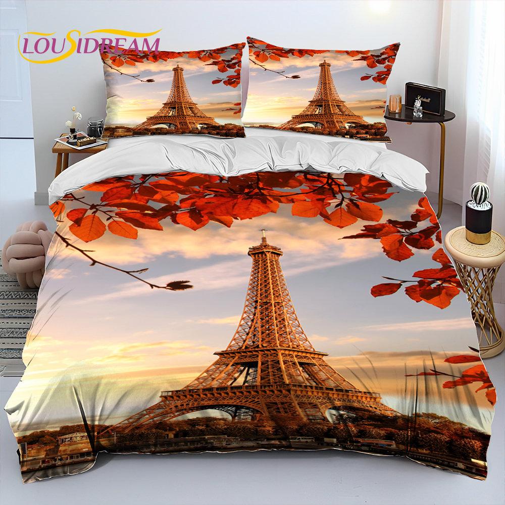 France Paris Eiffel Tower Comforter Bedding Set,Duvet Cover Bed Set Quilt Cover Pillowcase,King Queen Size Bedding Set Kid Adult