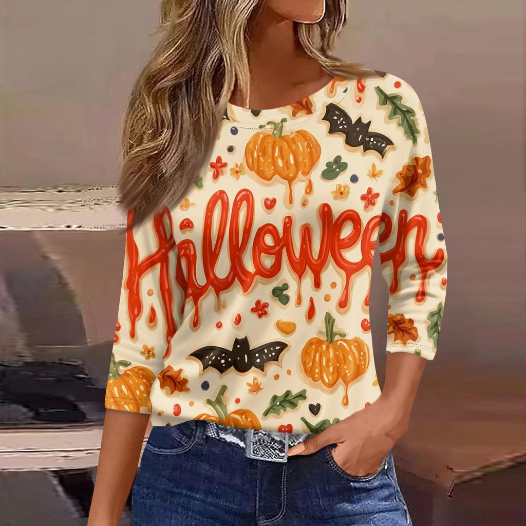 Women's Fashion Casual Round Neck 3/4 Sleeve Loose  Printed T-Shirt Ladies Top