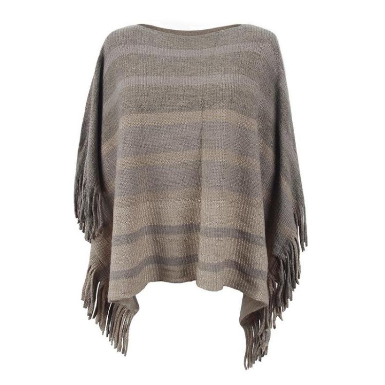 Women Autumn Winter Loose Knitwear Sweater O Neck Bat Sleeve Stripe Cardigan Cross Border Cloak