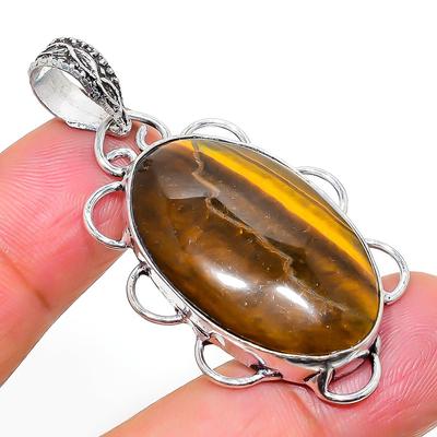 Natürlicher Tigerauge Edelstein Handgefertigter 925 Sterling Silber Anhänger 1.97" w5b31