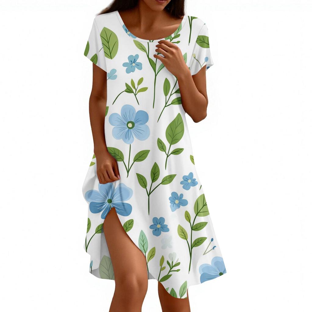 Short Sleeve Boho Dress For Women Casual Loose Fit Summer Sundress Floral Print Dress With Pockets