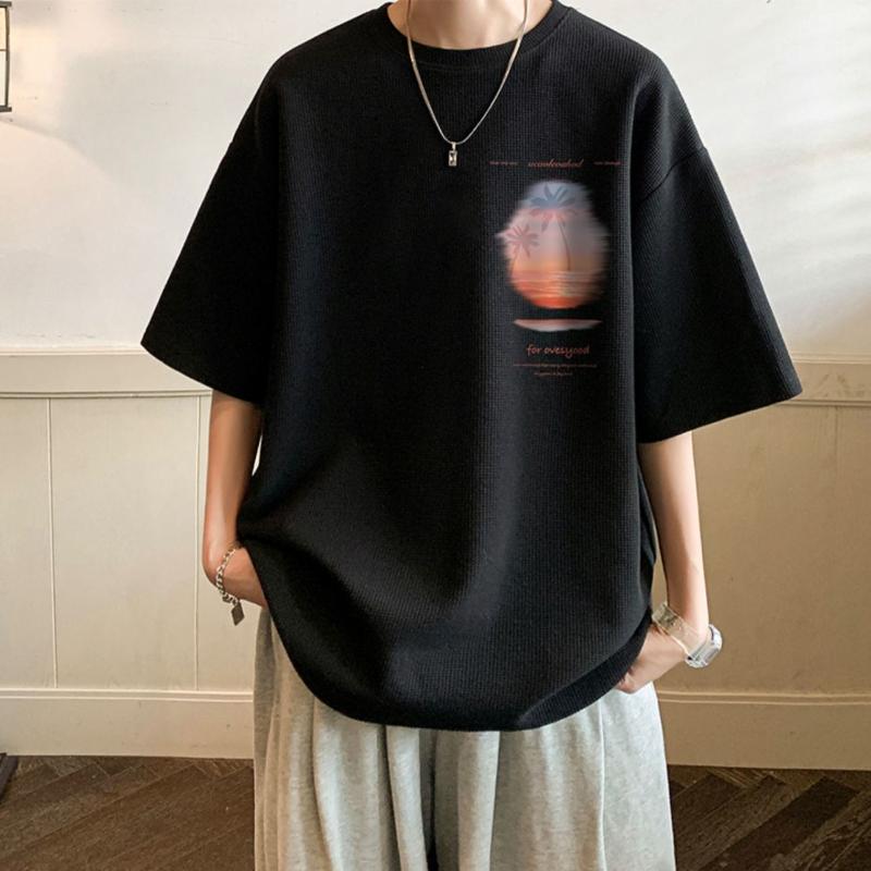 

Мужская футболка с короткими рукавами в стиле Ins, 100% хлопок, вафельная, с пятью рукавами, свободные модные летние винтажные повседневные удобные футболки с половиной рукава 5XL чёрный