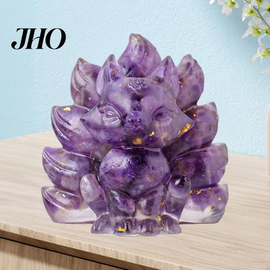 Desktop Fox Figurine Natural Stone Nine-tailed Foxes Positive Healing Energy Hand-carved Colorful Faux Ornament Crystal Sitting Animal Statue
