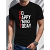 European Size Men'S "So Happy I'm 50 Today" T-Shirt, Crew Neck, Geometric Pattern, Regular Fit,  Polyester Knit Fabric, Slight Stretch, Summer Top