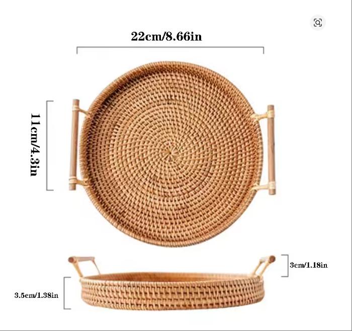 

1pc Artisanal Woven Rattan Serving Tray - Dual Handles, Multipurpose Tea and Snack Presentation Platter, Ideal Bread Basket With