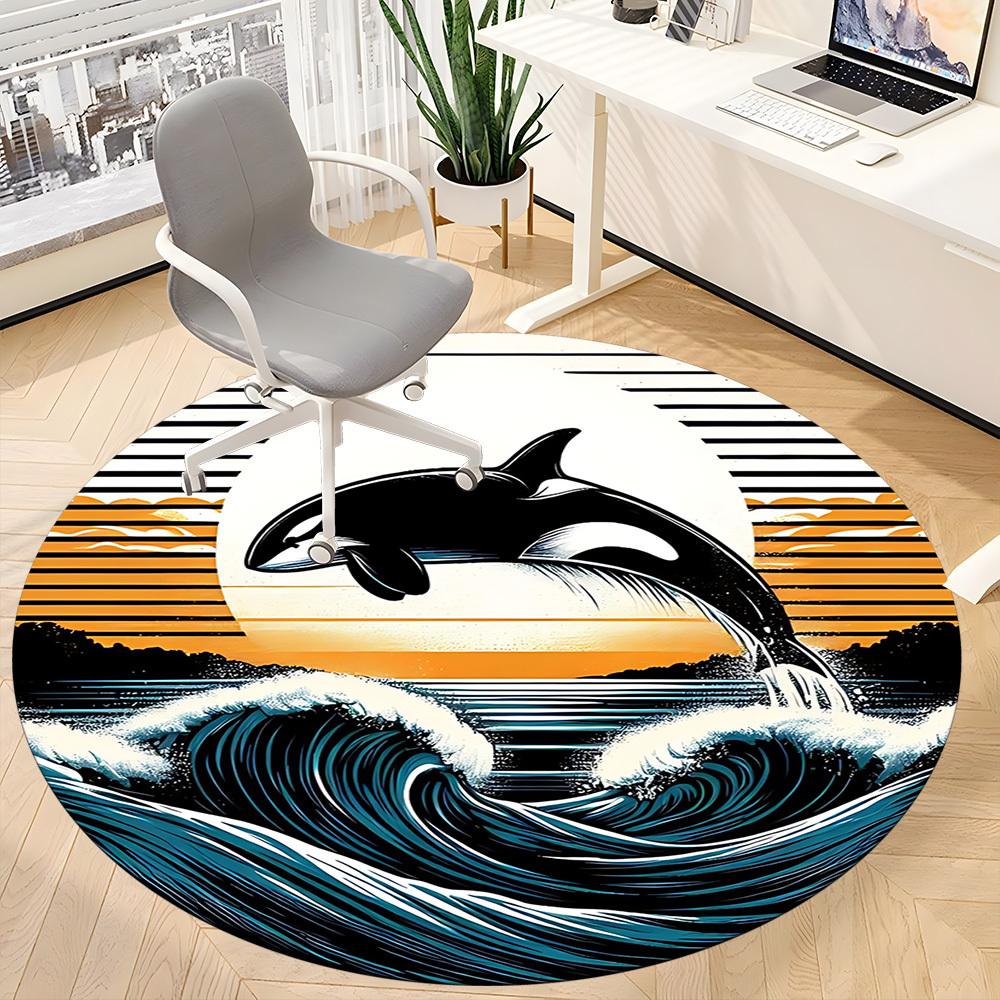 1pc Whale Waves Office Round Area Rug, Indoor Mat Suitable For Office, Under Office Chairs Bedroom Living Room Home Decor, Room Deco