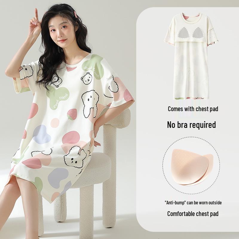 

Женская мультяшная хлопковая ночная сорочка с бюстгальтером - с коротким рукавом, летняя пижама в стиле 2024 года
