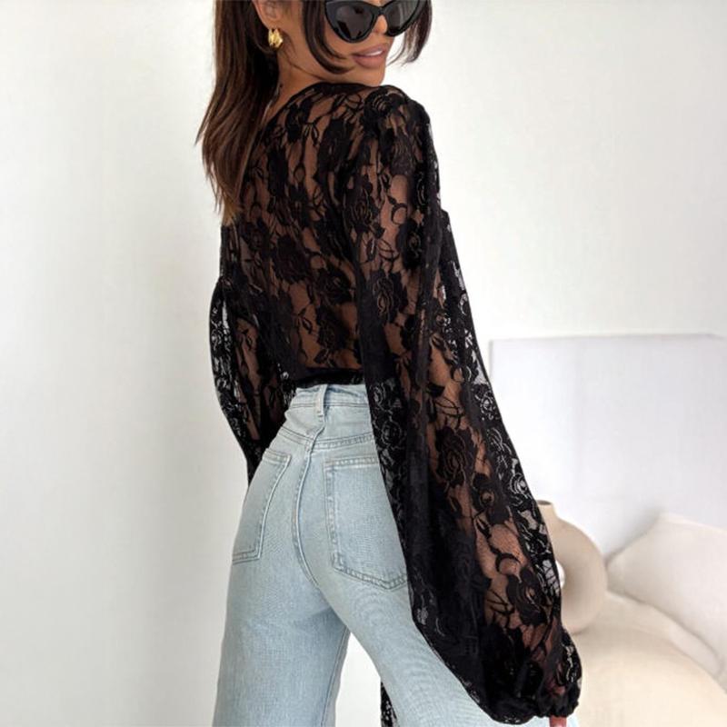 Damen Spitze Crop Top V-Ausschnitt Wickeloptik Langarm Durchsichtig Bluse