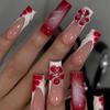 24Pcs Long Square Press On Nails Leopard Print French 3D Cherry Design False Nail Rhinestone Wearable Full Cover Fake Nails Tips