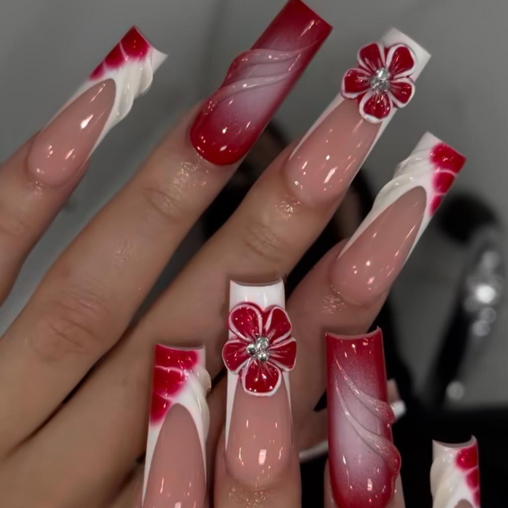 24Pcs Long Square Press On Nails Leopard Print French 3D Cherry Design False Nail Rhinestone Wearable Full Cover Fake Nails Tips