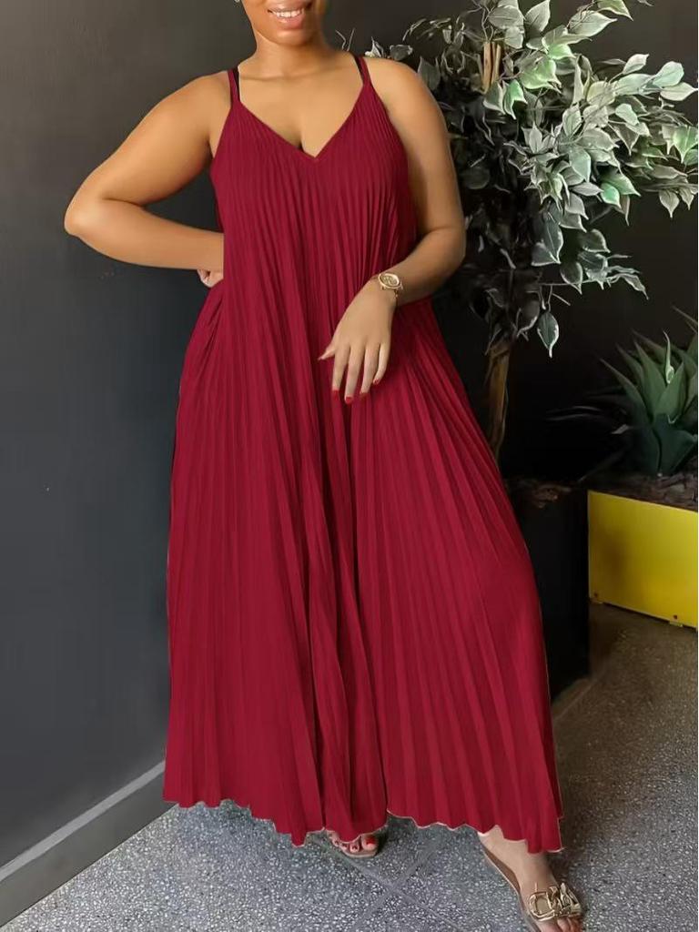 Plus Size Spaghetti Strap Pleated V-Neck Summer Dress with Flowing Hem