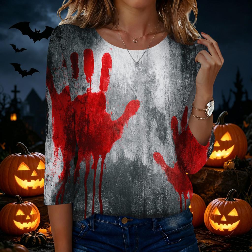 Women's Casual Round Neck Three Quarter Sleeve Halloween Print T Shirt Top Lightweight Comfortable Fit for Everyday Wear