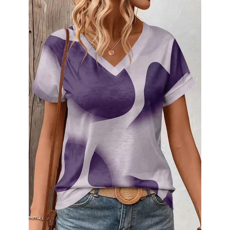 Fashion Women's V-Neck Short Sleeve 3D Casual Color Printing Casual Short Sleeve V-Neck T-Shirt