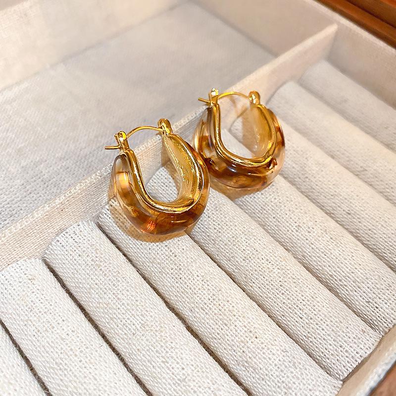 Gold Plated U-Shaped Retro Resin Ear Cuffs - Melaude Versatile Earrings for Women - Autumn/Winter Fashion Accessory