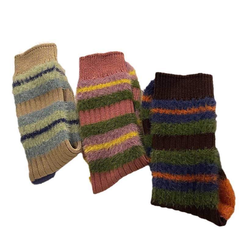 Korean Style Thick Striped Color-Blocked Mink Fluffy Socks - Retro Warm Mid-Calf Socks for Women, Perfect for Autumn and Winter
