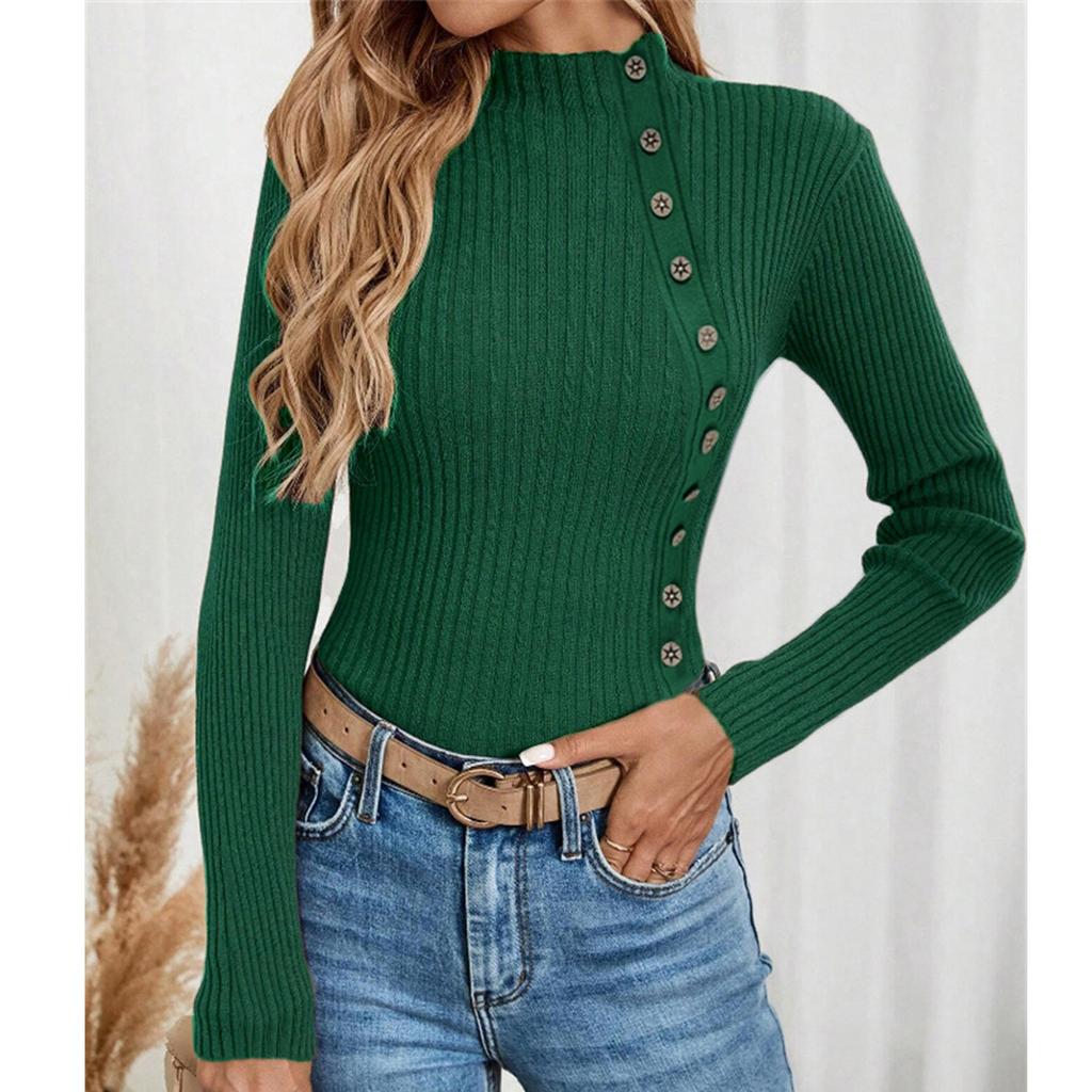 Dame Casual Ensfarget Slim Fit Strikket Genser Langermet Basisgenser Genser