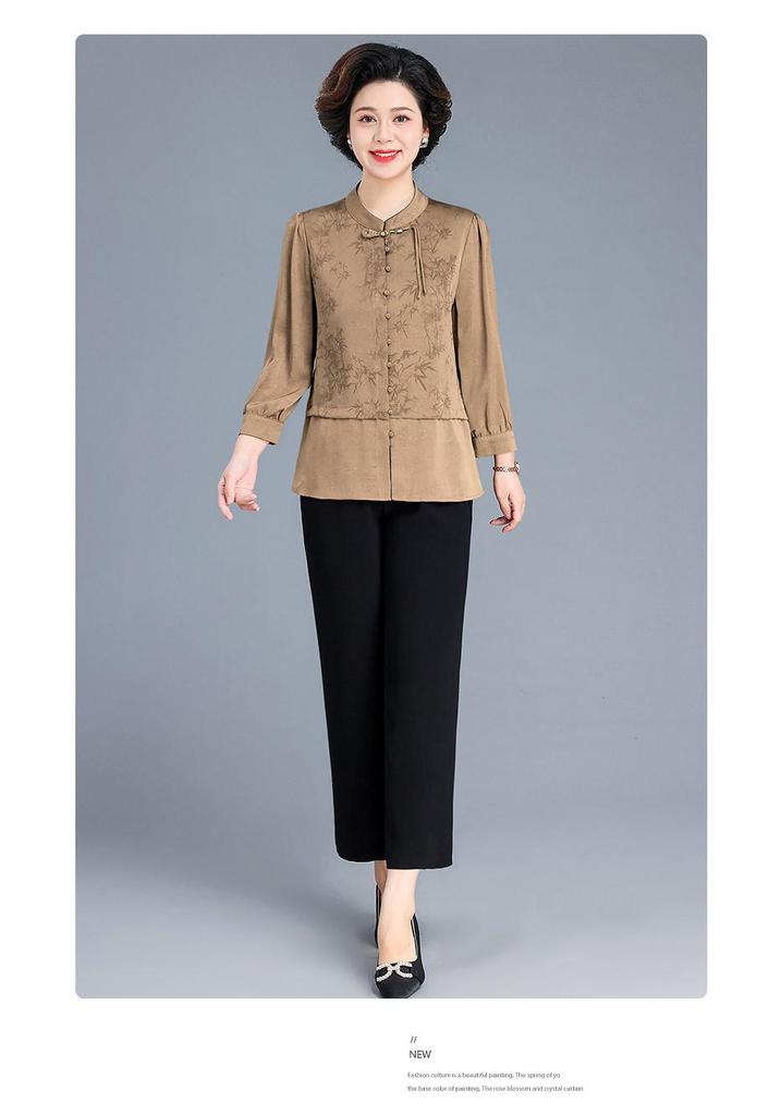 Autumn Mother's Day Chinese Style Two-Piece Shirt Set for Elegant Middle-Aged Women