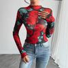 Spring and Summer Women Sheer Roses Floral Print Long-sleeved Small Stand-up Net Versatile Closet Essential Fashion Items Shirt