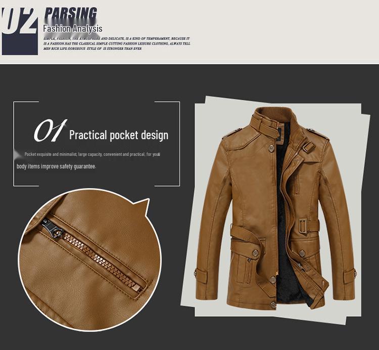 Men's Winter Fleece-Lined Leather Jacket, Mid-Length, Thickened, Casual, Middle-Aged, Warm Cotton Coat