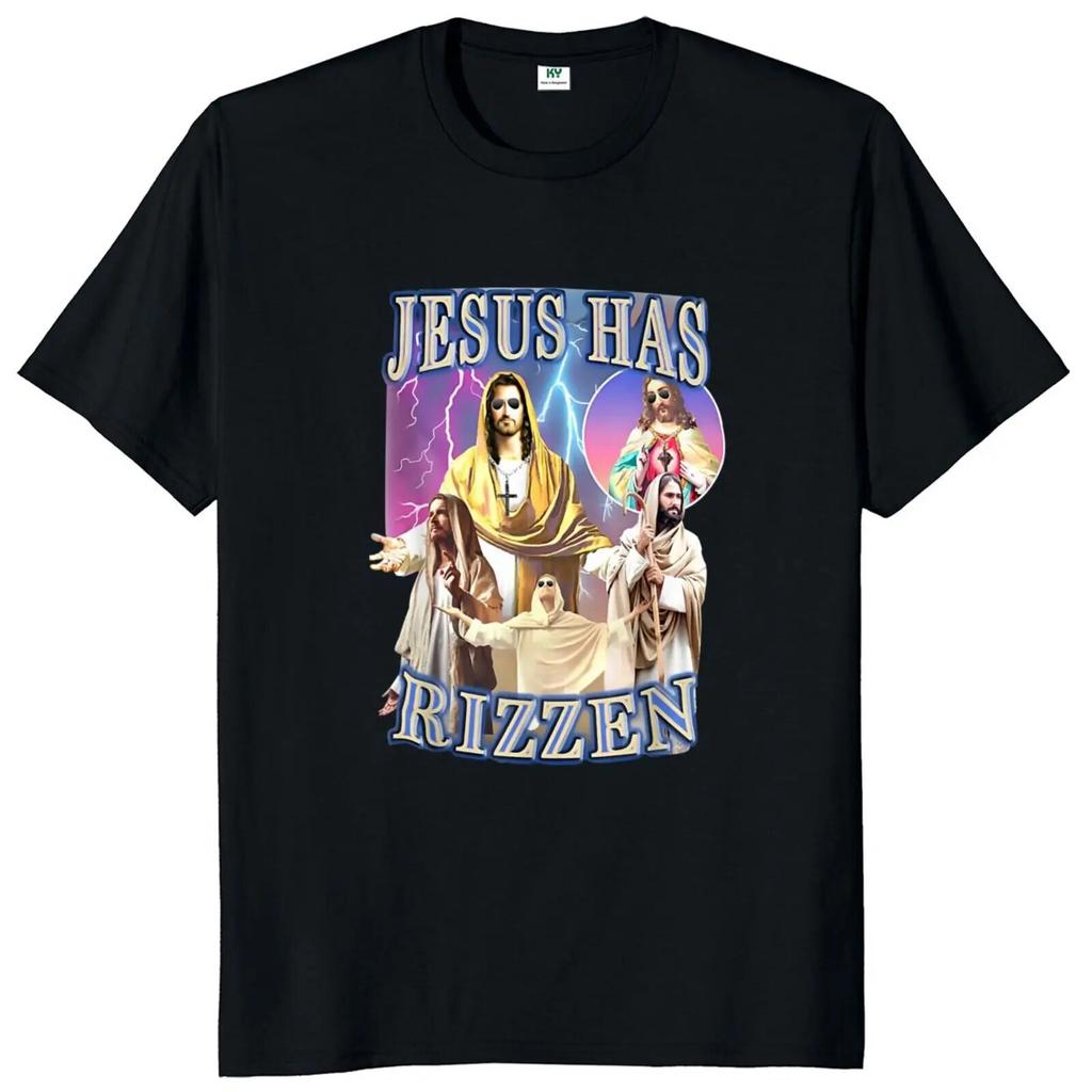 Jesus Has Rizzen WoUnisex T Shirt Retro Christian Religious Harajuku Streetwear 100% Cotton Unisex O-neck Summer T-shirt