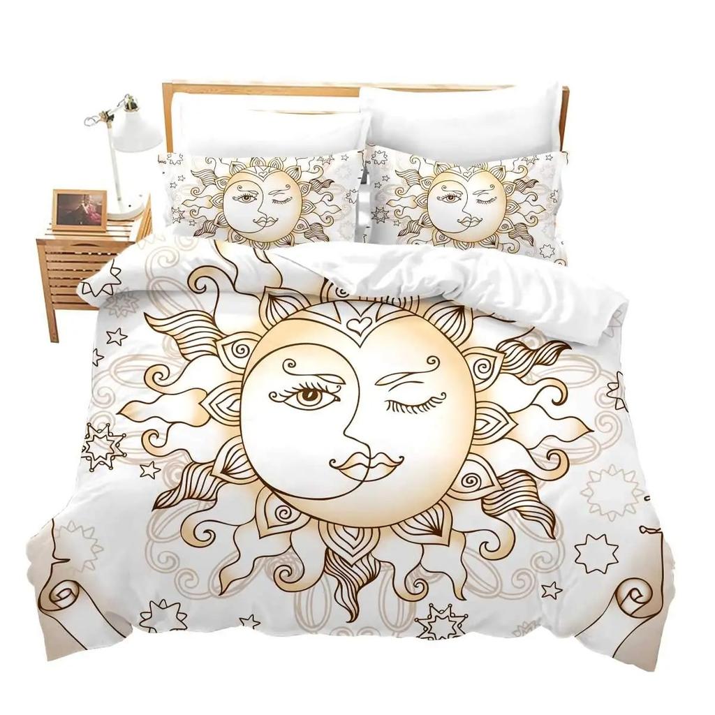 Duvet Cover Set Golden Sun and Moon Boho Mysterious Color Home Decor Bedding Set Adults Gifts with Zipper Decorative Quilt Cover