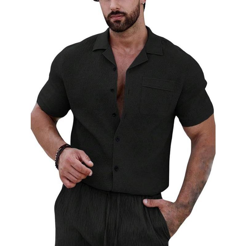 

Men Solid Textured Cuban Collar Chest Pocket Short Sleeve Casual Button Up Shirt XS чёрный