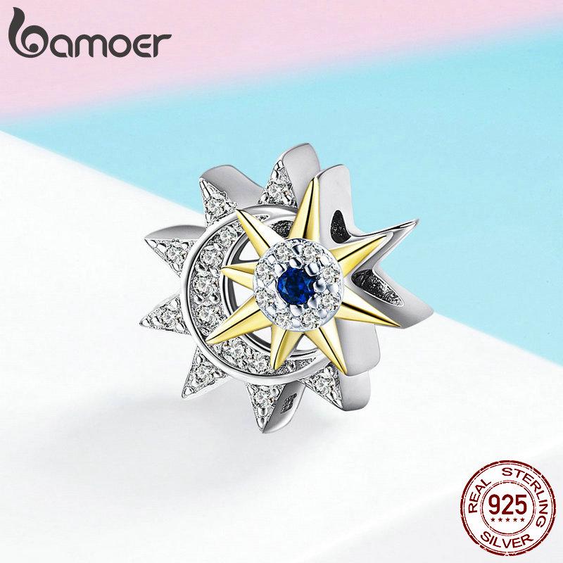 BAMOER Eredeti 925 Sterling Silver Sun Meet Moon Luminous CZ Beads Charms női karkötőkhöz