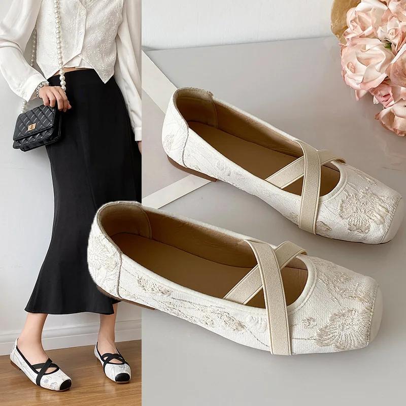 Fashion Woman Ballet Flats Female Luxury Retro Classic Square Toe Embroidery Elastic Band Ballerina Flats Ladies Soft Loafers Mary Jane