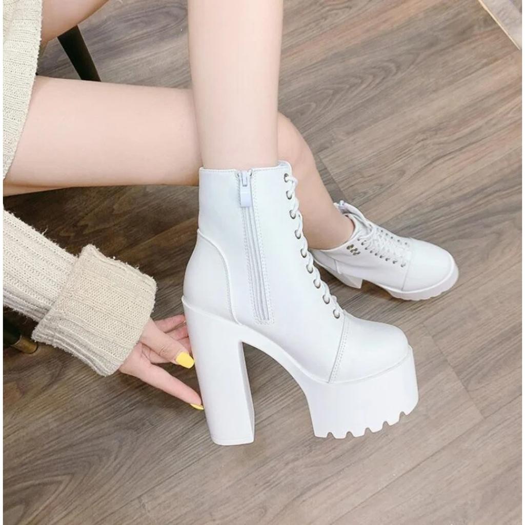 14.5cm Ultra High Heels Women Motorcycle Boots Gothic Style Sexy Black White Soft Leather Plaform Chunky Heel Punk Knight Boots