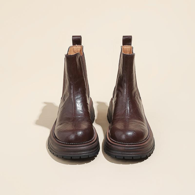 Chelsea Boots for Women with Sheep Pattern and One Foot Pedal Retro Short Boots for Women with Autumn and Winter Thick Sole British Style