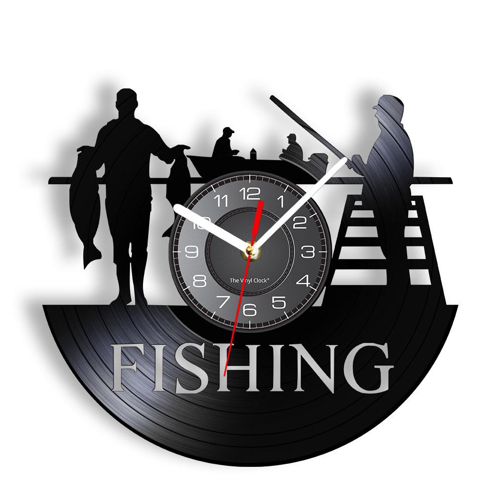 Gone Fishing Wall Art Sign Fish Rod Fisherman Wall Clock Interior Fishing Vinyl Record Wall Clock Handmade Gift For Fishermen