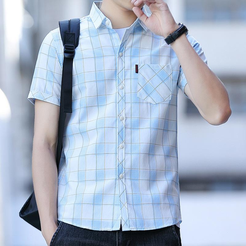 Letní nová košile s krátkým rukávem pánská s kapsami trendová nežehlivá ležérní košile pánská kostkovaná palcová košile tide