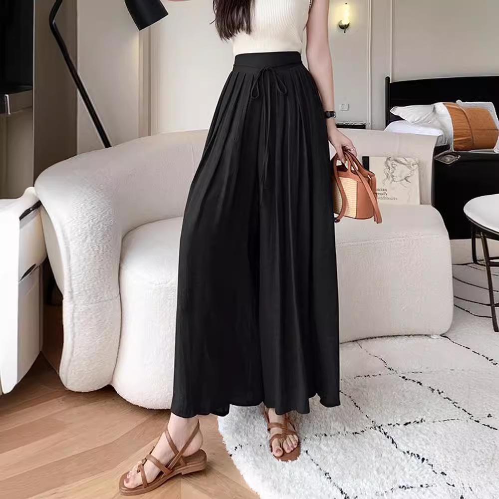 Women's Summer 2024 High-Waist Drape Pants Skirt - Ice Silk & Cotton-Linen Blend with Elastic Waist and Straps