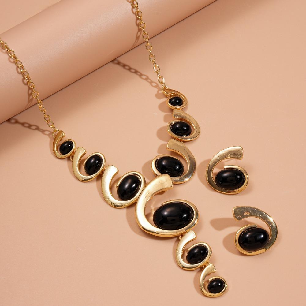 Exaggerated Temperament Geometric Gold Color Spiral Snail Shape Black Oval Pendant Necklace Earring for Women Fashion Jewelry