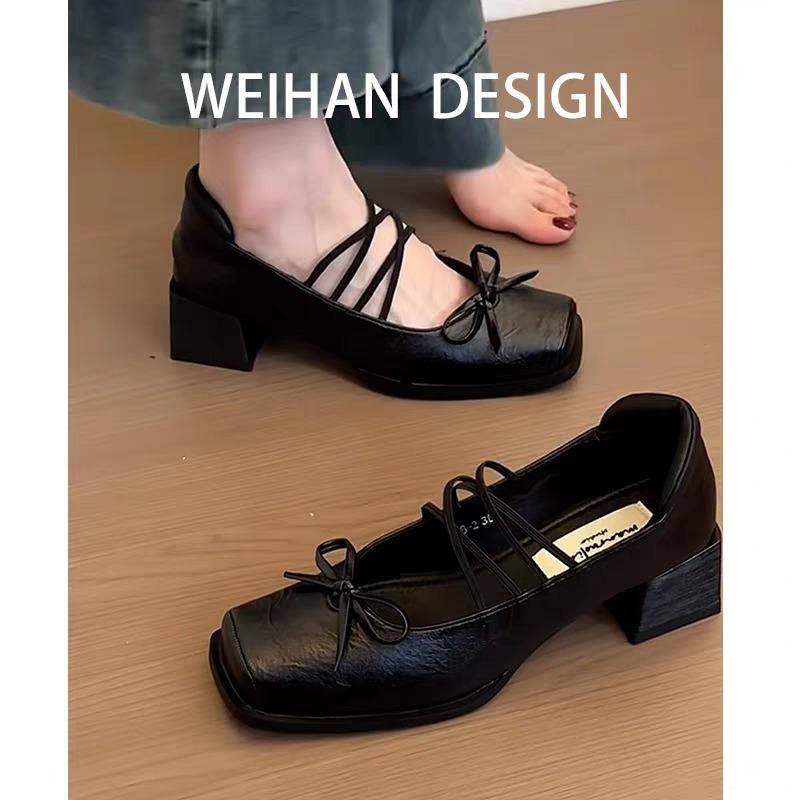 Fashion 2025 Beautiful Bow Slender Strap Mary Jane Shoes Women's Square Toe Square Heel Shoes