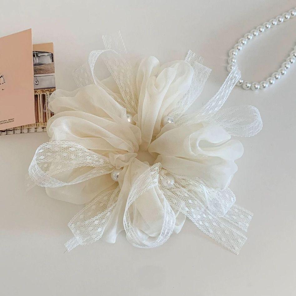 Korean Style Pink Chiffon Lace Pearl Scrunchie Oversized Gentle Hair Tie for Women