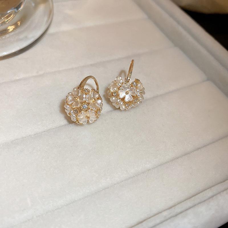 Korean Mori Style Rhinestone Flower Ear Cuffs: Luxurious Round Ball Earrings