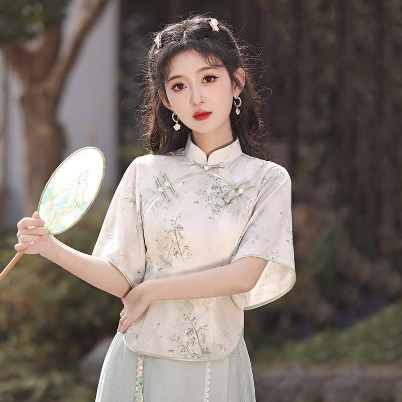 Womens Modern Chinese-Inspired Linen Cotton Blouse Skirt Set Vintage Short Sleeve Outfit Small