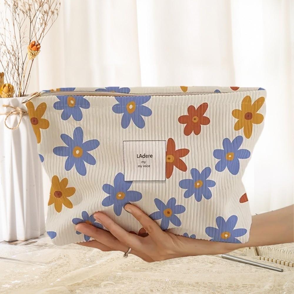 New Portable Floral Cosmetic Bag Corduroy Lightweight Zipper Makeup Organizer Multifunctional Large Capacity Storage Bag Travel