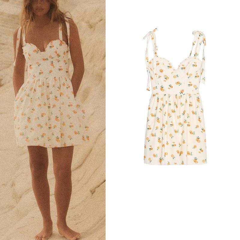 Summer New Women clothes French style Heart-Shaped Collar Sleeveless Orange Print Poplin Sling Dress 3152386