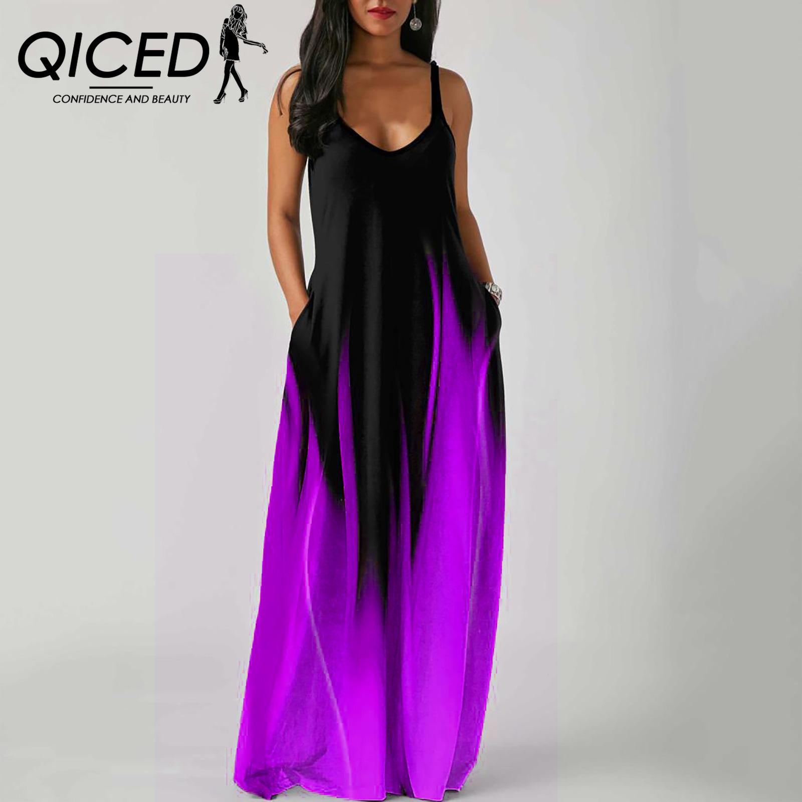 

QICED Элегантное Модное Платье в Пол Без Рукавов с V-образным Вырезом Простое Женское Летнее Ретро с Принтом Свободное по Талии Прямое Платье XXXXL фиолетовый