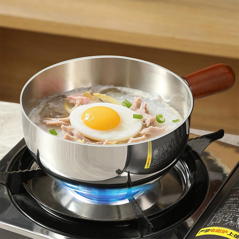 17Cm/14Cm Stainless Steel Cooking Pans With Wooden Handle & Glass Lid - Multi-Purpose Small Pots For Noodles And Eggs
